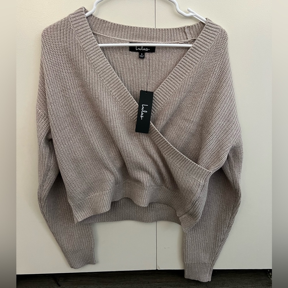 Lulus Cozy Charm Taupe Surplice NWT Small Sweater